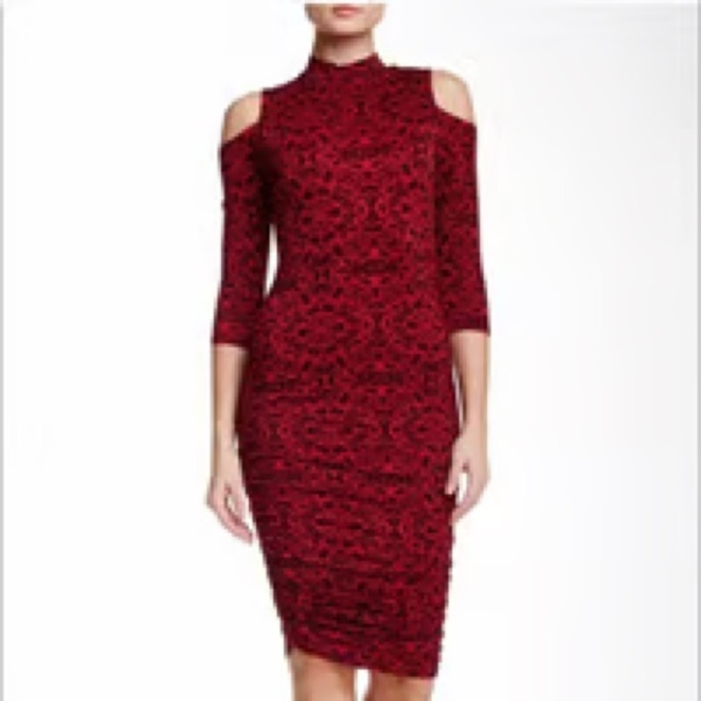 Jessica Simpson Red and Black Patterned Cold Shoulder Dress